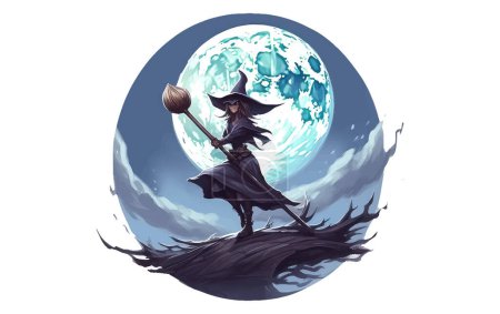 Téléchargez les illustrations : Illustration effrayante volant avec une sorcière sur un manche à balai et une pleine lune - en licence libre de droit