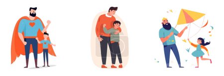 Illustration for Set vector illustration of dad playing with his kid in super hero isolate on white. - Royalty Free Image
