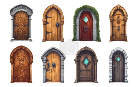 Illustration for Ui set vector illustration wooden door with a tiny round window isolate on white background. - Royalty Free Image