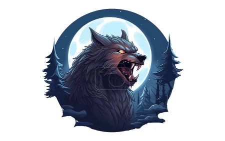 Dark Halloween background with moon in blue sky and werewolf.