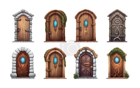 Illustration for Ui set vector illustration wooden door with a tiny round window isolate on white background. - Royalty Free Image