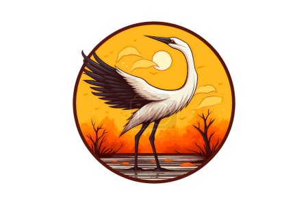 Illustration for Cartoon autumn crane on white background in flat style for icon. - Royalty Free Image