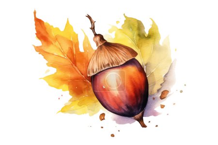 Illustration for Watercolor acorn among leaves, autumn beautiful season illustration. - Royalty Free Image
