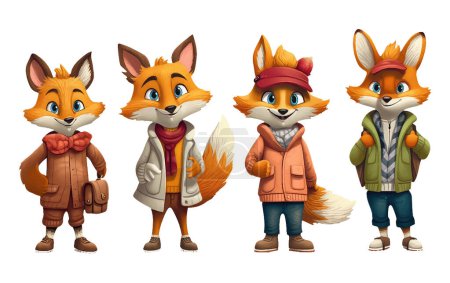 Illustration for Set vector illustration of cute fox wear casual autumn outfit elements isolated on white background. - Royalty Free Image
