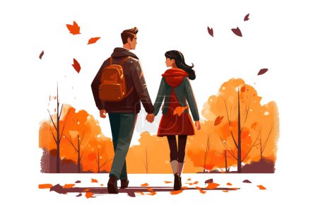 ui set vector illustration of couple in love walking in autumn park isolate on white background.