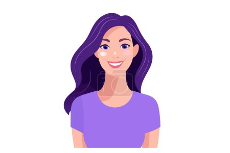 Ilustración de Mujer sonriente feliz en ropa púrpura sobre fondo blanco - Imagen libre de derechos