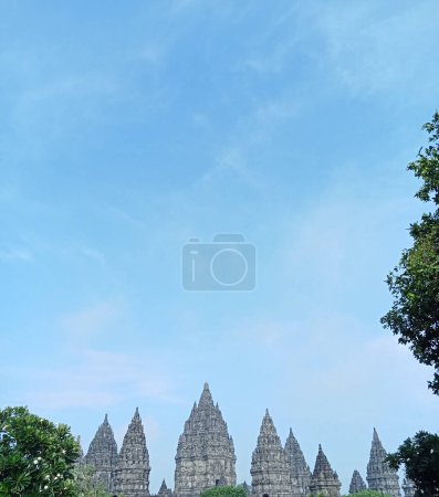 View of Prambanan temple with bright blue clouds