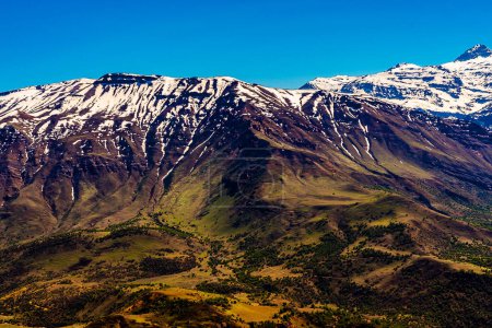Foto de Hermosa vista frontal de las laderas de la montaña con vegetación de primavera de los andes chilenos con nieve en un día completamente claro - Imagen libre de derechos