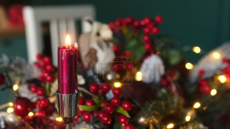 Photo for Christmas table, christmas deck, festive dinner, table setting has Christmas decorations in the living room, a blurred bokeh on the new year's deck table, a rustic vintage Xmas background - Royalty Free Image