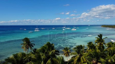 Téléchargez les photos : Vue aérienne des yachts amarrés dans un magnifique lagon avec de l'eau de mer turquoise sur le rivage d'une plage tropicale sauvage avec des palmiers et du sable blanc - en image libre de droit
