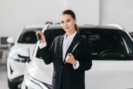 Photo for Beautiful business woman manager against the background of modern cars in the showroom of a car showroom. The concept of selling cars to customers, renting and complete equipment. - Royalty Free Image