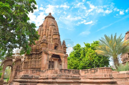 Front view inside of Mandore Gardens with amazing cenotaphs, ruins and temples at Jodhpur, India