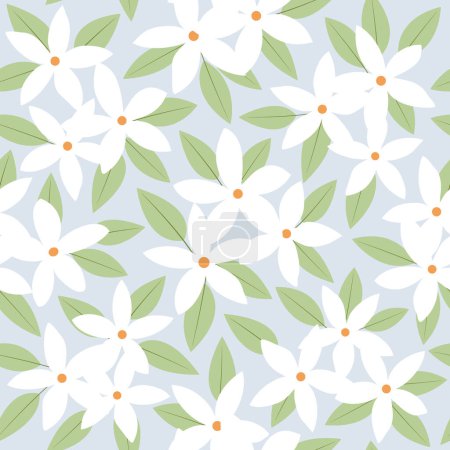 Téléchargez les illustrations : Seamless pattern white jasmin flower with green leaf on soft blue background vector. - en licence libre de droit