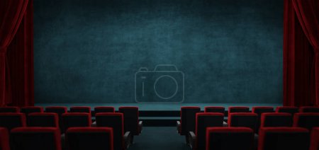 Foto de Escenario teatral oscuro vacío con las cortinas rojas dibujadas y filas de asientos vacíos desde la parte trasera. renderizado 3d - Imagen libre de derechos