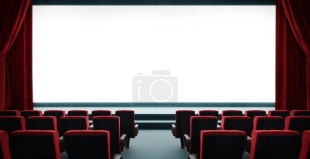 Foto de Cine vacío con pantalla blanca, cortinas rojas dibujadas y filas de asientos vacíos desde la parte trasera. renderizado 3d - Imagen libre de derechos