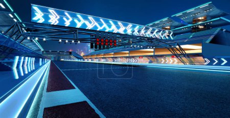 3d rendering does not exist futuristic Racetrack Circuit with arrow sign glass railing