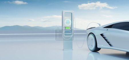 Foto de EV Car charging with modern UI control information display charging station. Future of mobility and Alternative sustainable Eco energy concept. 3d render and illustration - Imagen libre de derechos