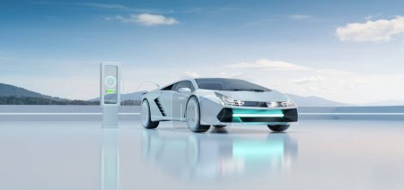 Photo for EV Car charging with modern UI control information display charging station. Future of mobility and Alternative sustainable Eco energy concept. 3d render and illustration - Royalty Free Image