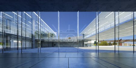 Téléchargez les photos : Moderne mur de verre bâtiments commerciaux hall d'entrée. rendu 3d réaliste - en image libre de droit