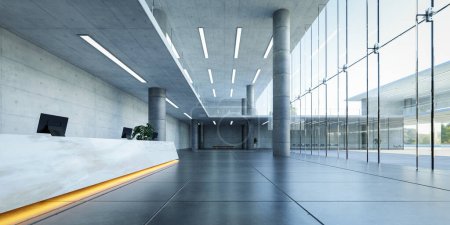 Téléchargez les photos : Modern glass wall commercial buildings reception lobby hall. Realistic 3d rendering - en image libre de droit