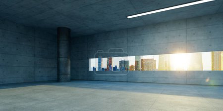 Photo for Cement and concrete building with sunrise cityscape window view. 3d rendering - Royalty Free Image