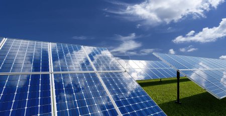 Foto de Paneles solares energía de granja celular. Concepto de energía ecológica, limpia y sostenible. renderizado 3d - Imagen libre de derechos