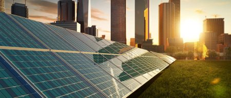 Foto de Paneles solares con ciudad moderna. Concepto de energía limpia, verde, alternativa y renovable para la ciudad inteligente. renderizado 3d - Imagen libre de derechos