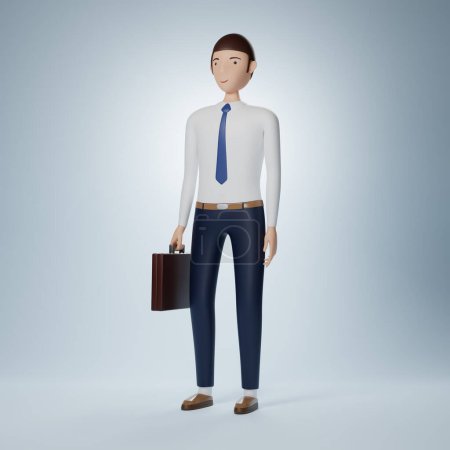 Téléchargez les photos : Businessman cartoon character standing and holding briefcase isolated on light blue background. 3d rendering - en image libre de droit