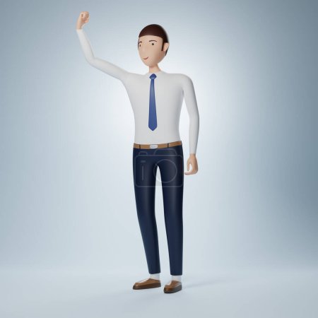 Foto de Businessman cartoon character cheer pose isolated on light blue background. 3d rendering - Imagen libre de derechos