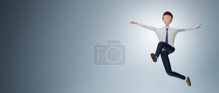 Foto de Businessman cartoon character jumping pose isolated on light blue background. 3d rendering - Imagen libre de derechos