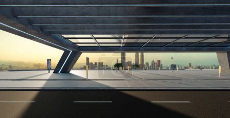 Téléchargez les photos : Perspective view of empty street and modern rooftop building with sunset cityscape scene. 3d rendering - en image libre de droit