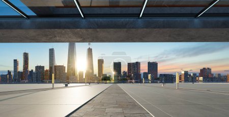 Foto de Perspective view of empty floor and modern rooftop building with sunset cityscape scene. 3d rendering - Imagen libre de derechos