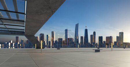 Téléchargez les photos : Perspective view of empty floor and modern rooftop building with sunset cityscape scene. 3d rendering - en image libre de droit