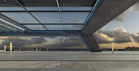 Téléchargez les photos : Perspective view of empty floor and modern rooftop building with sunset cityscape scene. 3d rendering - en image libre de droit