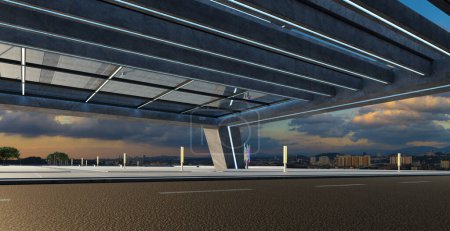 Foto de Perspective view of empty street and modern rooftop building with sunset cityscape scene. 3d rendering - Imagen libre de derechos