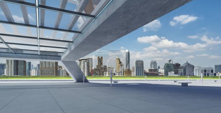 Téléchargez les photos : Perspective view of empty floor and modern rooftop building with cityscape scene. 3d rendering - en image libre de droit