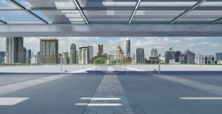 Photo for Perspective view of empty floor and modern rooftop building with cityscape scene. 3d rendering - Royalty Free Image