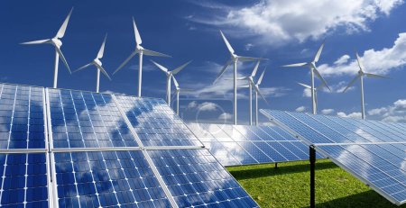 Foto de Solar panels and wind generators under blue sky. Eco, clean, sustainable energy concept. 3d rendering - Imagen libre de derechos