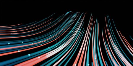 Foto de Wave lines trails flowing dynamic in blue and orange colors isolated on black background. AI technology, science, digital and communication concept. 3d rendering - Imagen libre de derechos