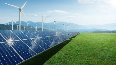 Sonnenkollektoren und Windgeneratoren unter blauem Himmel. Ökologisches, sauberes und nachhaltiges Energiekonzept. 3D-Darstellung