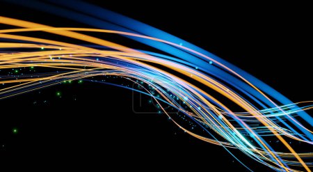 Photo for Wave lines trails flowing dynamic in blue and orange colors isolated on black background. AI technology, science, digital and communication concept. 3d rendering - Royalty Free Image
