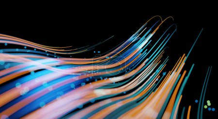Foto de Wave lines trails flowing dynamic in blue and orange colors isolated on black background. AI technology, science, digital and communication concept. 3d rendering - Imagen libre de derechos