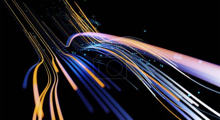 Téléchargez les photos : Wave lines trails flowing dynamic in blue and orange colors isolated on black background. AI technology, science, digital and communication concept. 3d rendering - en image libre de droit