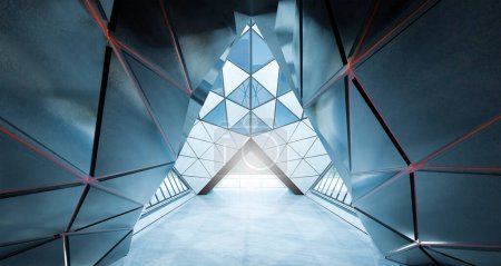 Foto de Diseño de forma triangular contemporáneo interior moderno edificio de arquitectura con vidrio, hormigón y elemento de acero. Escena nocturna. Representación fotorrealista 3D. - Imagen libre de derechos