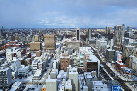 Téléchargez les photos : Hokkaido, Japan  - December 20, 2022 : Aerial view of cityscape of winter Sapporo, Hokkaido, Japan - en image libre de droit