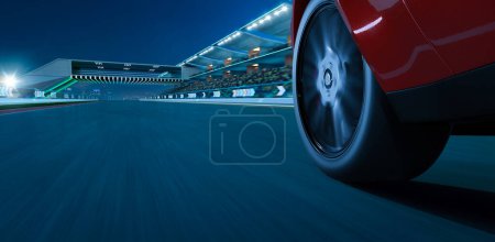 Photo for Low angle side view of car driving fast at modern international race track with railing and neon light arrow sign. 3d rendering - Royalty Free Image