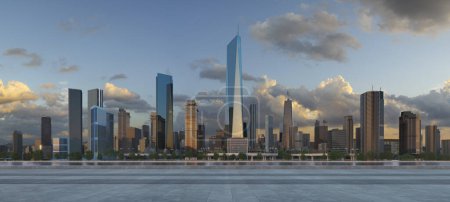 Téléchargez les photos : 3D rendering of a modern city with a beautiful view and empty floor in front - en image libre de droit