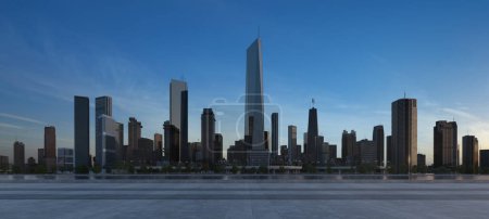 Foto de Representación 3D de una ciudad moderna con una hermosa vista y piso vacío en frente - Imagen libre de derechos