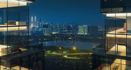 Photo for Fully floor-to-ceiling glass modern high-end apartment or office with beautiful night city view . 3d rendering - Royalty Free Image