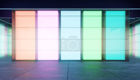 Foto de Vacío moderno espacio de sala de usos múltiples con gradiente de color pared de vidrio transparente. Representación 3D realista - Imagen libre de derechos